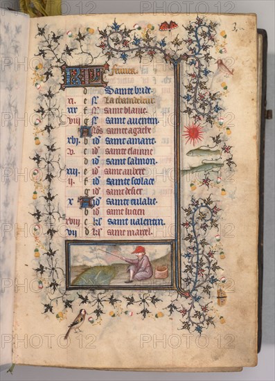 Hours of Charles the Noble, King of Navarre (1361-1425): fol. 2r, February, c. 1405. Master of the Brussels Initials and Associates (French). Ink, tempera, and gold on vellum; codex: 20.3 x 15.7 x 7 cm (8 x 6 3/16 x 2 3/4 in.).