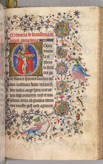 Hours of Charles the Noble, King of Navarre (1361-1425): fol. 259r, The Trinity, c. 1405. Master of the Brussels Initials and Associates (French). Ink, tempera, and gold on vellum; codex: 20.3 x 15.7 x 7 cm (8 x 6 3/16 x 2 3/4 in.).