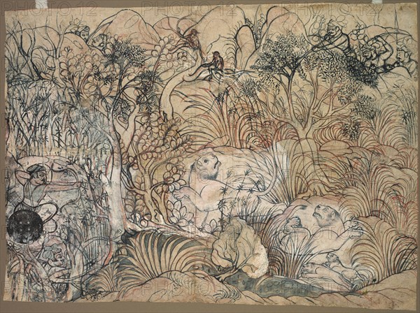 Umed Singh of Kota Hunting Lions, c. 1785-1790. India, Rajasthan, Kota, 18th century. Brush drawing with slight color on paper; overall: 39 x 52 cm (15 3/8 x 20 1/2 in.).