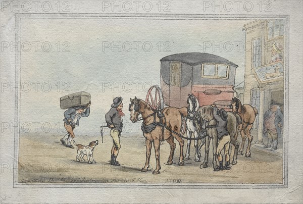 Postboys and Posthorses at the White Hart Inn, 1787. Thomas Rowlandson (British, 1756-1827). Etching, hand colored