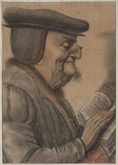 Elderly Man Reading a Book, first half 1600s. Nicolas Lagneau (French, 1590-1666). Black, red, white and chalk, with stumping; framing lines in black ink; sheet: 33.5 x 23.8 cm (13 3/16 x 9 3/8 in.).