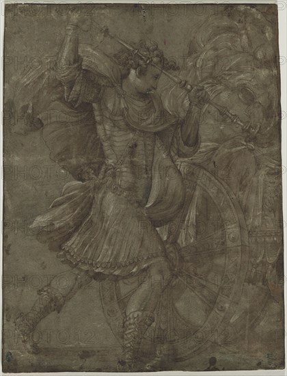 Man in Armor beside a Chariot, c. 1550. Assistant of Francesco Salviati (Italian, 1510-1563). Pen and brown ink and brush and brown wash over black chalk, heightened with white; sheet: 35.7 x 27.1 cm (14 1/16 x 10 11/16 in.); secondary support: 35.7 x 27.4 cm (14 1/16 x 10 13/16 in.); tertiary support: 35.8 x 27.4 cm (14 1/8 x 10 13/16 in.).