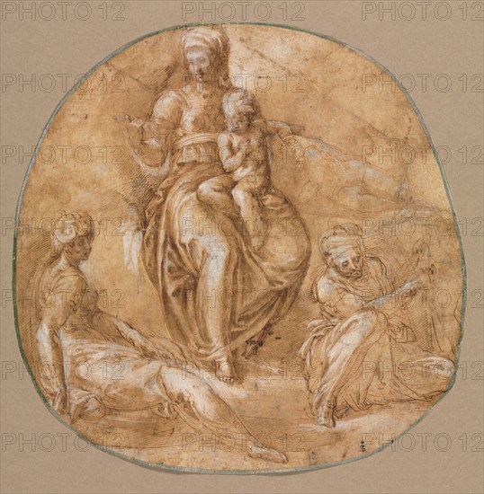 The Virgin and Child with St. Catherine of Alexandria and an Elderly Female Saint (possibly Anne), c. 1545. Battista Franco (Italian, c. 1510-1561). Pen and brown ink and brush and brown wash with red chalk, heightened with white gouache; pricked (lower part of Virgin), framing lines in gouache, with traces of gold paint; sheet: 26.1 x 26.2 cm (10 1/4 x 10 5/16 in.).