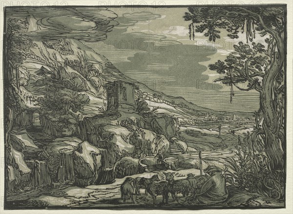 Arcadian Landscape, c. 1615. Attributed to Hendrick Goltzius (Dutch, 1558–1617). Chiaroscuro woodcut printed in blakc and two shades of green; sheet: 18.2 x 24.4 cm (7 3/16 x 9 5/8 in.)