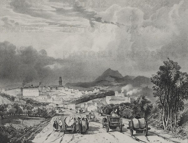 Voyages pittoresques et romantique dans l'ancienne France: Vue generale de Riom, Auvergne, 1829. Adrien Dauzats (French, 1804-1868). Lithograph