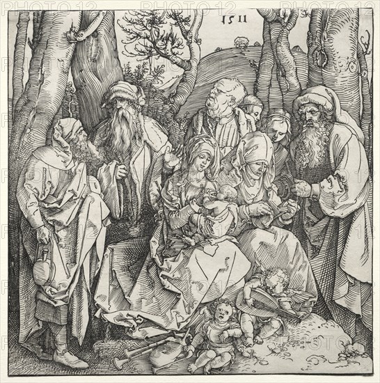 The Holy Family with Two Musician Angels, 1511. Albrecht Dürer (German, 1471-1528). Woodcut; sheet: 12.2 x 12.2 cm (4 13/16 x 4 13/16 in.)