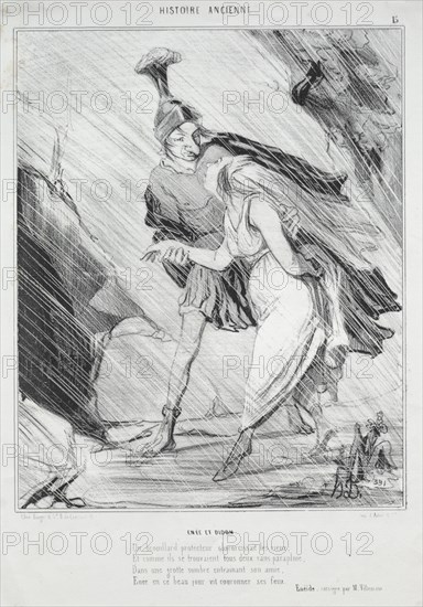 Published in le Charivari (3 July 1842): Ancient History (plate 15): Enée and Didon, 1842. Honoré Daumier (French, 1808-1879). Lithograph; sheet: 33 x 23.8 cm (13 x 9 3/8 in.); image: 24 x 19.4 cm (9 7/16 x 7 5/8 in.)