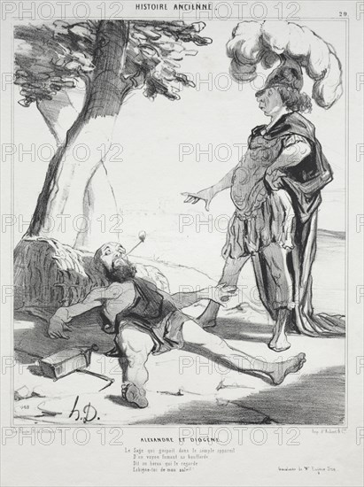 published in le Charivari (no du 14 aoüt 1842): Ancient History, plate 20: Alexander and Diogenes, 14 August 1842. Honoré Daumier (French, 1808-1879), Aubert. Lithograph; sheet: 33.8 x 25.4 cm (13 5/16 x 10 in.); image: 26.2 x 21.5 cm (10 5/16 x 8 7/16 in.)