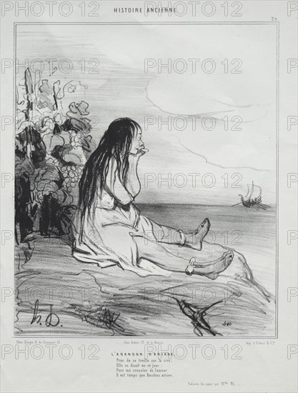 published in le Charivari (no 4 du septembre 1842): Ancient History, plate 24: The Abandonment of Ariadne, 4 September 1842. Honoré Daumier (French, 1808-1879), Aubert. Lithograph; sheet: 34.2 x 26.7 cm (13 7/16 x 10 1/2 in.); image: 23.9 x 20 cm (9 7/16 x 7 7/8 in.).