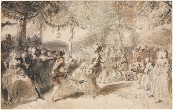 Costumed Dancers Performing in a Garden Tavern, 1756. Augustin de Saint-Aubin (French, 1736-1807). Brush and brown and gray wash, with gouache, watercolor, and traces of graphite; sheet: 19.8 x 31.3 cm (7 13/16 x 12 5/16 in.); secondary support: 19.8 x 31.3 cm (7 13/16 x 12 5/16 in.).