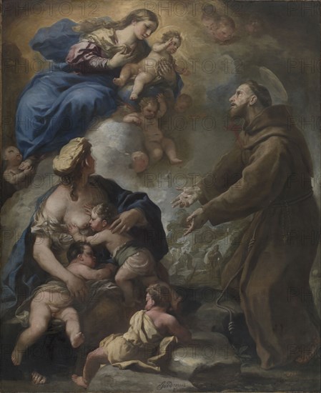 The Virgin and Child Appearing to Saint Francis of Assisi, 1680s. Luca Giordano (Italian, 1634-1705). Oil on canvas; framed: 273 x 229 x 10 cm (107 1/2 x 90 3/16 x 3 15/16 in.); unframed: 239.4 x 195.7 cm (94 1/4 x 77 1/16 in.).