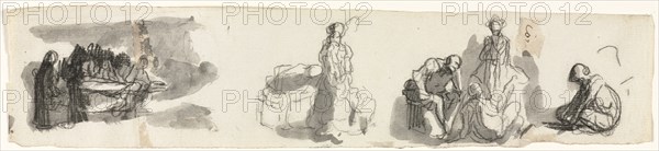 Sheet of Studies with a Group of Four Figures to the Right, third quarter 1800s. Honoré Daumier (French, 1808-1879). Black chalk and brush and gray wash; sheet: 6.5 x 29.8 cm (2 9/16 x 11 3/4 in.).