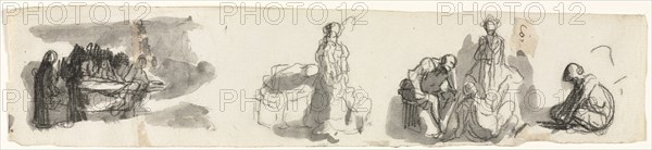Sheet of Studies with a Group of Four Figures to the Right (recto) Sketches of Various Figures (verso), third quarter 1800s. Honoré Daumier (French, 1808-1879). Black chalk and brush and gray wash; sheet: 6.5 x 29.8 cm (2 9/16 x 11 3/4 in.).