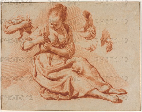 Seated Woman Searching for Fleas, c. 1671. Adriaen van de Velde (Dutch, 1636-1672). Red chalk over black chalk; framing lines in brown ink; sheet: 18.4 x 23.4 cm (7 1/4 x 9 3/16 in.); secondary support: 18.4 x 23.4 cm (7 1/4 x 9 3/16 in.).