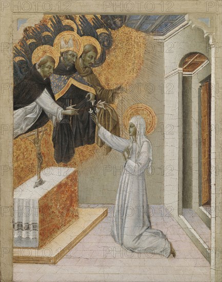 Predella Panel from an Altarpiece: St. Catherine of Siena Invested with the Dominican Habit, 1460s. Giovanni di Paolo (Italian, c. 1403-1482). Tempera and gold on wood panel; framed: 35.6 x 29.5 x 4.5 cm (14 x 11 5/8 x 1 3/4 in.); unframed: 28.9 x 23 cm (11 3/8 x 9 1/16 in.).