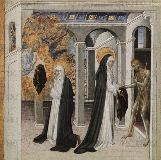 St. Catherine of Siena and the Beggar, 1460s. Giovanni di Paolo (Italian, c. 1403-1482). Tempera and gold on wood; framed: 35.6 x 35.7 x 4.5 cm (14 x 14 1/16 x 1 3/4 in.); unframed: 28.7 x 28.9 cm (11 5/16 x 11 3/8 in.).