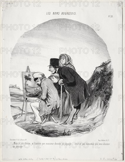 The Good Bourgeois, Plate 23: "But yes, my dear, I assure you that this gentleman is drawing a landscape...is it not so, sir, that you are drawing a landscape?" (Les bons bourgeios, planche 23: Mais si, ma femme...monsieur dessine un paysage..), 1846. Honoré Daumier (French, 1808-1879). Lithograph; sheet: 34 x 26.1 cm (13 3/8 x 10 1/4 in.)
