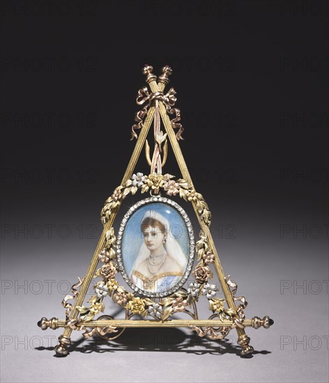 Triangular Frame with Portrait of Czarina Alexandra Feodorovna, 1896-1908. Firm of Peter Carl Fabergé (Russian, 1846-1920). Gold, rubies, diamonds, gouache, ivory, glass; overall: 13.2 x 10.2 cm (5 3/16 x 4 in.).