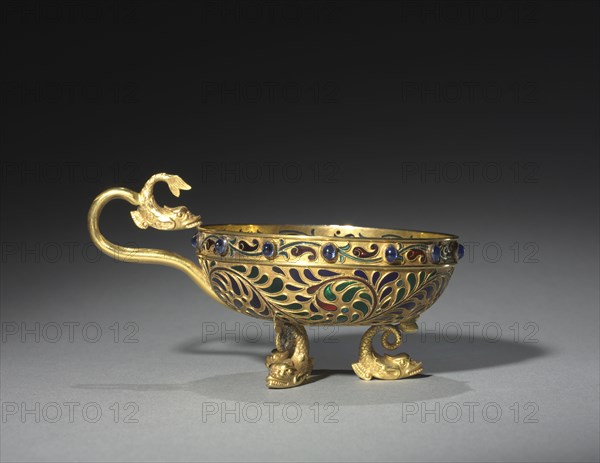 Charka (Drinking Vessel), late 1800s-early 1900s. Russia, Moscow(?), late 19th-early 20th Century. Gold, plique-a-jour enamels, gold coin, sapphires; overall: 3.1 x 10.2 cm (1 1/4 x 4 in.).