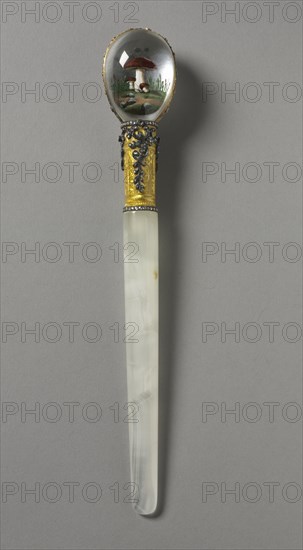 Paper Knife, c. 1860 ?. Russia, Saint Petersburg, 19th century. Blade: agate; collar: transparent yellow enamel on an engine-turned ground mounted in gold set with diamonds, and the ovoid finial of two pieces of rock crystal carved on flat surfaces; diameter: 3.2 cm (1 1/4 in.); overall: 20.4 cm (8 1/16 in.).