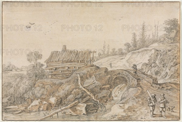 Hilly Landscape with Hut Beside a Stream, 1627. Van de Velde Esaias (Dutch, 1587-1630). Black chalk and brush and gray and brown wash (addition, upper left, in white paint and black chalk);  framing lines in brown ink; sheet: 19.6 x 29.2 cm (7 11/16 x 11 1/2 in.).