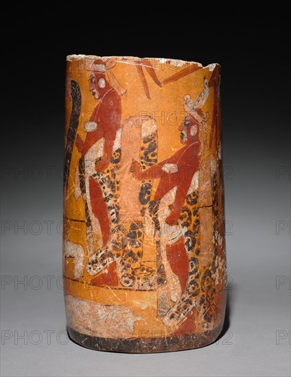 Cylindrical Vessel with Palace Scene, 600-900. Mexico or Central America, Maya stye (250-900). Earthenware with colored slips; diameter: 19 x 11.3 cm (7 1/2 x 4 7/16 in.); overall: 19.1 cm (7 1/2 in.).