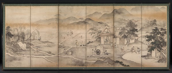 Emperor Yao Visiting Yu Chonghua, mid- to late 1600s. Kusumi Morikage (Japanese, c. 1620-c. 1690). One of a pair of six-panel folding screens, ink, slight color, and gold on paper; image: 131.9 x 348 cm (51 15/16 x 137 in.); including mounting: 147.3 x 363.7 cm (58 x 143 3/16 in.).
