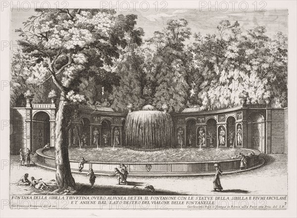 Fontana della Sibilla Tiburtina. Giovanni Francesco Venturini (Italian, 1650-1710). Etching; sheet: 33.1 x 47.7 cm (13 1/16 x 18 3/4 in.); image: 24.6 x 34.1 cm (9 11/16 x 13 7/16 in.)