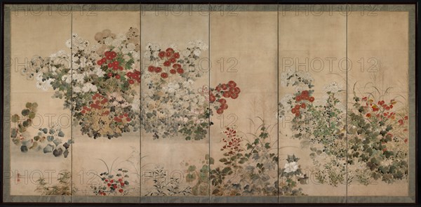 Flowers of the Four Seasons, mid-1600s. Kitagawa Sosetsu (Japanese, active 1639-50). Pair of six-fold screens, ink and color on paper; image: 153.7 x 329.2 cm (60 1/2 x 129 5/8 in.); including mounting: 170.2 x 348.4 cm (67 x 137 3/16 in.).