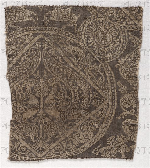 Fragment from a funeral garment or pall, 1649-1955. Probably Iran. Lampas weave, silk; overall: 21 x 23.5 cm (8 1/4 x 9 1/4 in.)