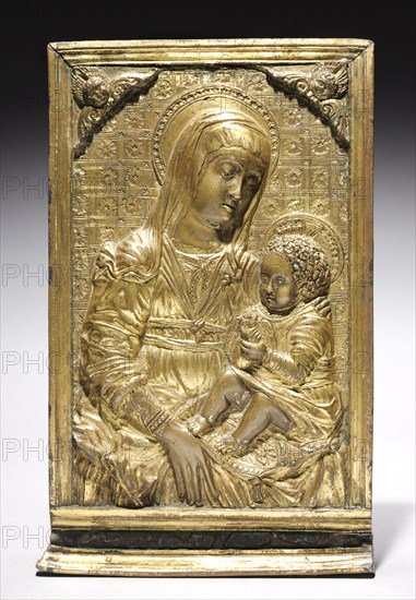 Pax with the Madonna and Child, 1400s. Follower of Antonio Rossellino (Italian, 1427-1479 ). Gilt bronze, silver, and blue enamel; overall: 15.9 x 10.3 x 4 cm (6 1/4 x 4 1/16 x 1 9/16 in.).