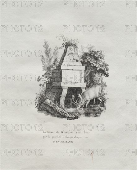Receuil d'essais lithographiques:  Une fontaine imitant la gravure sur bois, c. 1816. Godefroy Engelmann (French, 1788-1839). Lithograph; image: 9.3 x 8.2 cm (3 11/16 x 3 1/4 in.); overall: 31 x 24.2 cm (12 3/16 x 9 1/2 in.)
