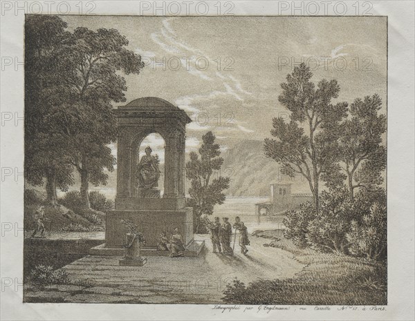 Book of Lithograph Trials using different means of Drawing such as Crayon, Pen, Brush, and Wash:  A Landscape, c. 1816. Godefroy Engelmann (French, 1788-1839). Lithograph printed in black and ochre; overall: 31 x 24.2 cm (12 3/16 x 9 1/2 in.); border: 17.9 x 22.4 cm (7 1/16 x 8 13/16 in.)