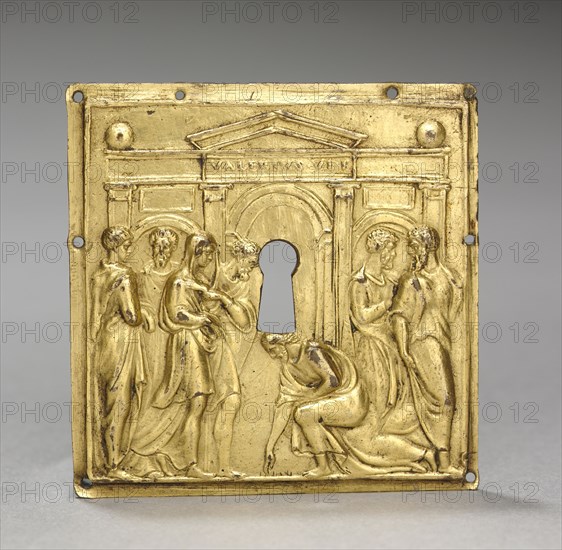 Christ and the Woman Taken in Adultery, c. 1535 or later. Cast after a model by Valerio Belli (Italian, c. 1468-1546). Gilt bronze (later perforated with a keyhole); overall: 6 x 7.5 cm (2 3/8 x 2 15/16 in.).