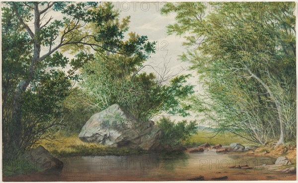 Landscape with Wooded Stream and Boulder, c. 1880s. William Allen Wall (American, 1801-1885). Watercolor and gouache with traces of graphite;