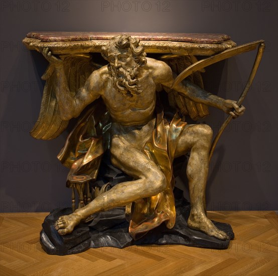 Console Table Depicting Chronos, or Father Time (top), c. 1700. Italy, probably Rome, late 17th-early 18th Century. Painted and gilded wood, marble top; overall: 95.3 x 107.3 x 62.9 cm (37 1/2 x 42 1/4 x 24 3/4 in.).