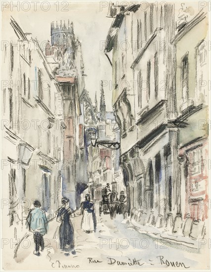 Rue Damiette, Rouen, c. 1884. Camille Pissarro (French, 1830-1903). Black crayon and watercolor, with color crayon; sheet: 29.2 x 22.7 cm (11 1/2 x 8 15/16 in.).