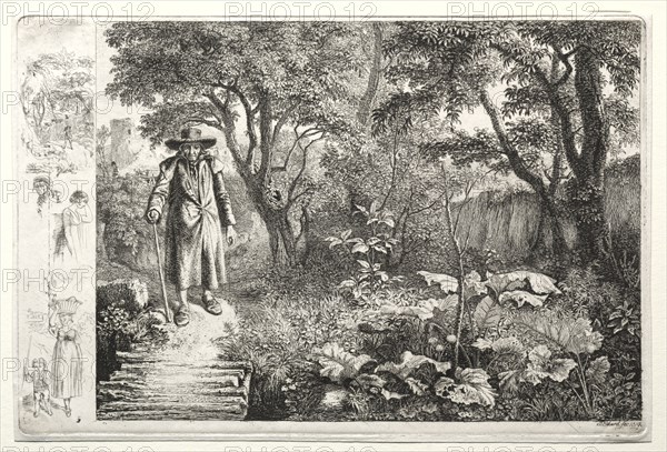 The old man before the log bridge (Der Alte vor den Knuppelsteg), 1819. Johann Christoph Erhard (German, 1795-1822). Etching