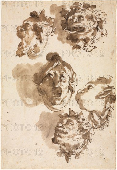 Five Grotesque Heads, second half 1700s. Gaetano Gandolfi (Italian, 1734-1802). Pen and brown ink and brush and brown wash, over black chalk; sheet: 29.5 x 20.2 cm (11 5/8 x 7 15/16 in.).