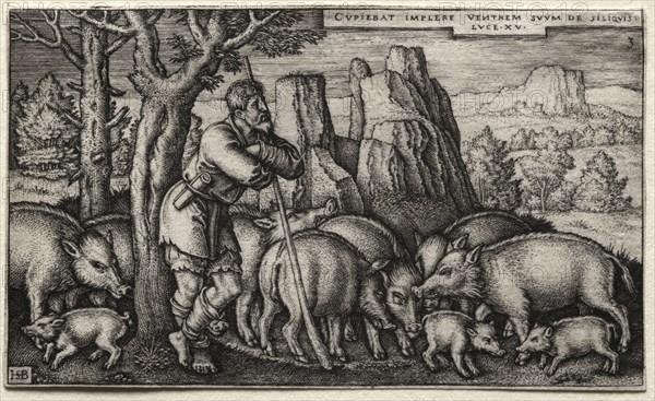 The Prodigal Son:  Tending Swine. Hans Sebald Beham (German, 1500-1550). Engraving