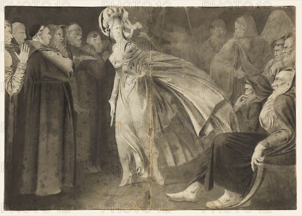 Woman Standing among the Friars (recto), c. 1770-1775. John Brown (British, 1752-1787). Graphite and gray and black wash with point of brush; image: 25.8 x 36.9 cm (10 3/16 x 14 1/2 in.).