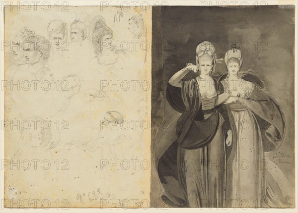 Sketches of Heads (verso, left); Two Women (verso, right), c. 1770-1775. John Brown (British, 1752-1787). Left: graphite; right: gray and black wash with point of brush and graphite; sheet: 25.7 x 18.6 cm (10 1/8 x 7 5/16 in.).