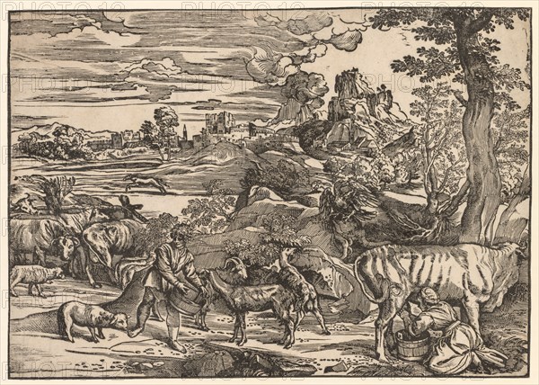 Landscape with a Milkmaid, c. 1525. Niccolo Boldrini (Italian, c. 1500-aft 1566). Woodcut