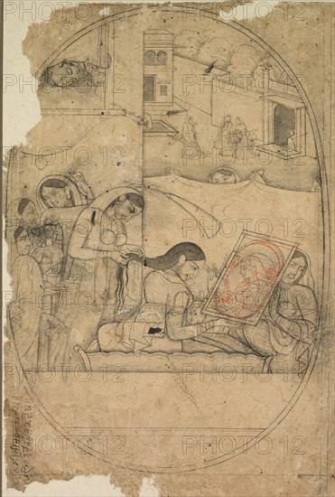 Radha's Hair Being Dressed, c. 1790-1800. India, Pahari, Kangra school, late 18th Century. Ink with touches of color on paper; image: 25 x 17 cm (9 13/16 x 6 11/16 in.); overall: 29.7 x 20.3 cm (11 11/16 x 8 in.).