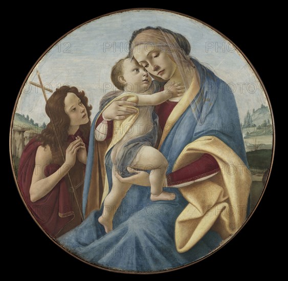 Virgin and Child with the Young Saint John the Baptist, c. 1490. Sandro Botticelli (Italian, 1444/45-1510), and Workshop. Tempera and oil on wood; framed: 115 x 12.5 cm (45 1/4 x 4 15/16 in.); diameter: 68 cm (26 3/4 in.).
