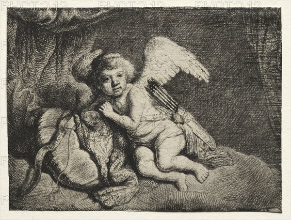 Cupid Resting, 1600s. After Rembrandt van Rijn (Dutch, 1606-1669). Etching and drypoint