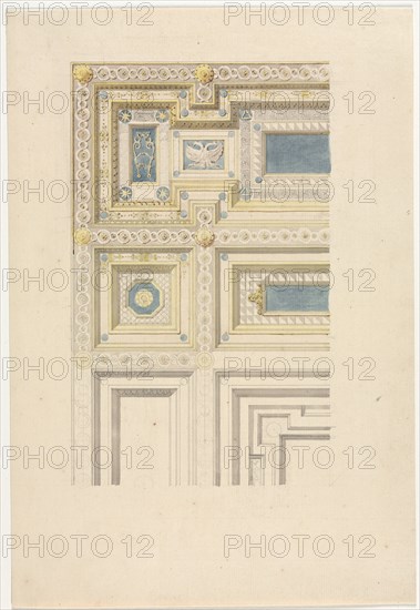 Design for Ornamental Ceiling, 19th century. Anonymous, after Charles Percier (French, 1764-1838). Pen and gray ink and gray, blue and yellow wash over graphite; sheet: 32.1 x 21.9 cm (12 5/8 x 8 5/8 in.); image: 22.3 x 14 cm (8 3/4 x 5 1/2 in.).