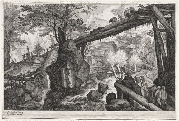 Eight Bohemian Landscapes:  Landscape with Log Bridge over Cataract, c. 1610-1615. Aegidius Sadeler (Flemish, c. 1570-1629), after Pieter II Stevens (Flemish, c. 1567-aft 1624). Engraving