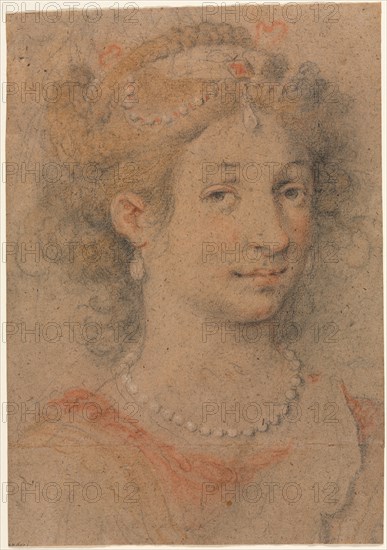 Head of a Woman, 1600s. Anonymous. Black and red chalk over graphite, heightened with white chalk (with additions? in yellow and orange pastel?); sheet: 23 x 16 cm (9 1/16 x 6 5/16 in.).