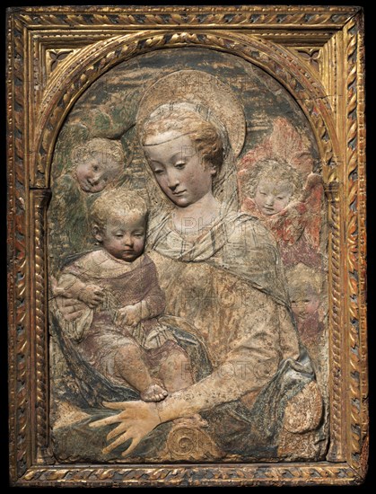 Madonna and Child, c. 1470. Workshop of Antonio Rossellino (Italian, 1427-1479 ). Painted stucco with traces of gilding; overall: 83.5 x 65.1 cm (32 7/8 x 25 5/8 in.).
